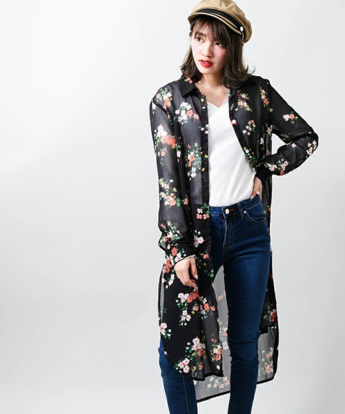 WEGO/花柄シアーロングシャツワンピース