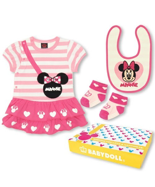 Disney(ディズニー)フェイクポシェットコーデ3点ギフトセット(ロンパース/スタイ/靴下)9168B/BOX付き♪